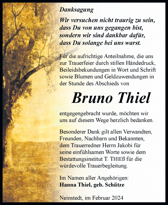 Traueranzeige von Bruno Thiel von Trauerkombi Quedlinburg