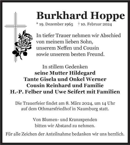 Traueranzeige von Burkhard Hoppe von Naumburger Tageblatt