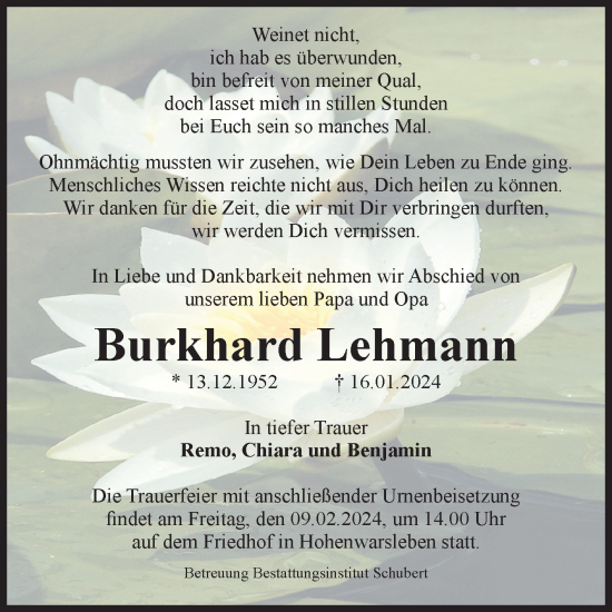 Traueranzeige von Burkhard Lehmann von Volksstimme Haldensleben/Wolmirstedt