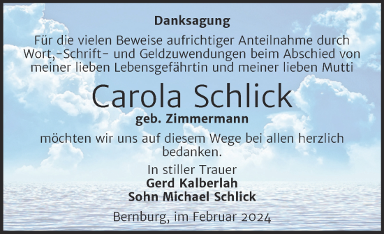 Traueranzeige von Carola Schlick von Trauerkombi Bernburg