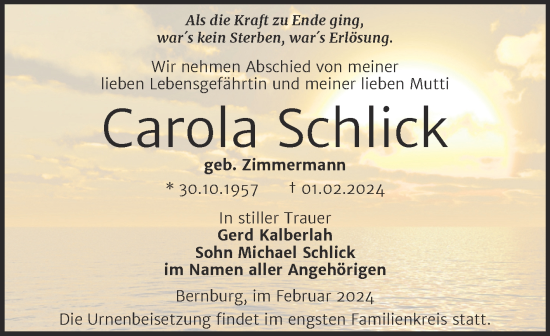 Traueranzeige von Carola Schlick von Trauerkombi Bernburg