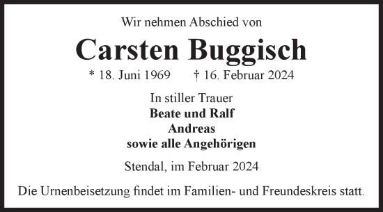 Traueranzeige von Carsten Buggisch von Volksstimme Altmark Ost