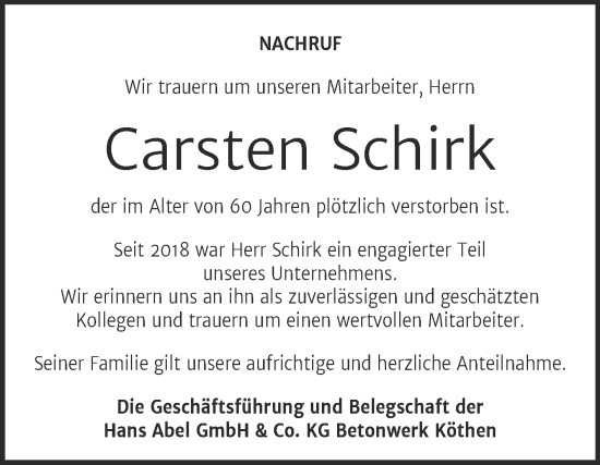 Traueranzeige von Carsten Schirk von Mitteldeutsche Zeitung Köthen