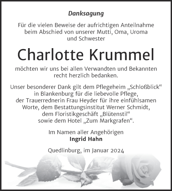 Traueranzeige von Charlotte Krummel von Trauerkombi Quedlinburg