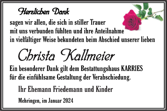 Traueranzeige von Chrisa Kallmeier von Trauerkombi Aschersleben