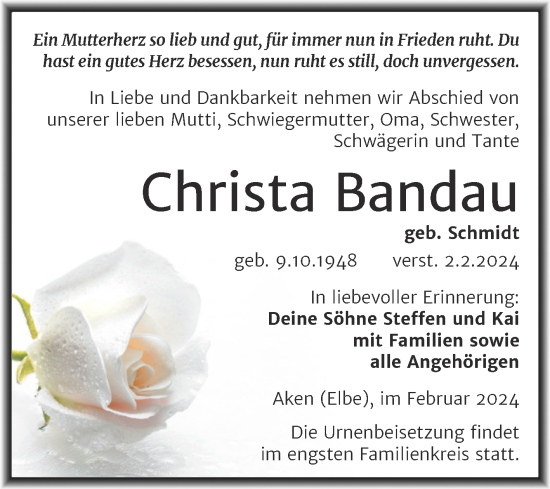 Traueranzeige von Christa Bandau von Trauerkombi Köthen
