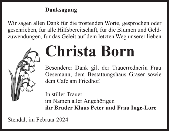 Traueranzeige von Christa Born von Volksstimme Altmark Ost