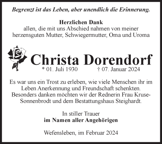 Traueranzeige von Christa Dorendorf von Volksstimme Oschersleben/Wanzleben
