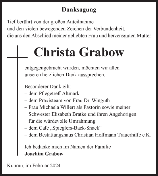 Traueranzeige von Christa Grabow von Volksstimme Altmark West