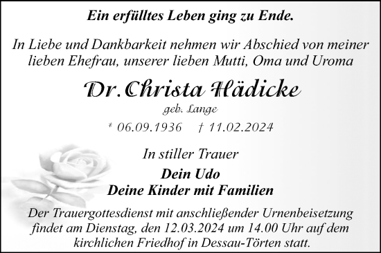 Traueranzeige von Christa Hädicke von Trauerkombi Dessau