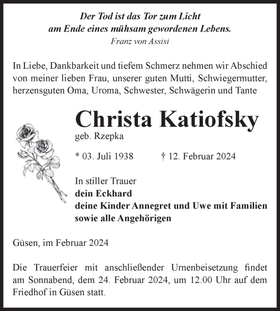 Traueranzeige von Christa Katiofsky von Volksstimme Burg/Genthin