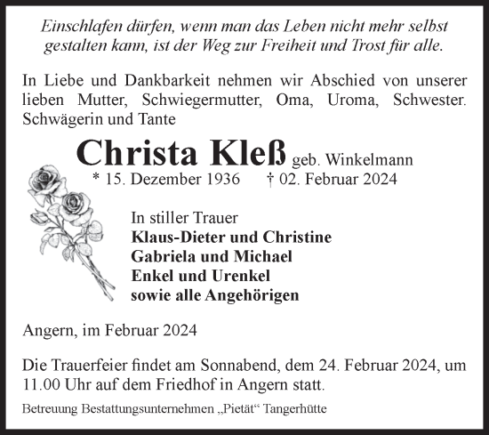Traueranzeige von Christa Kleß von Volksstimme Haldensleben/Wolmirstedt