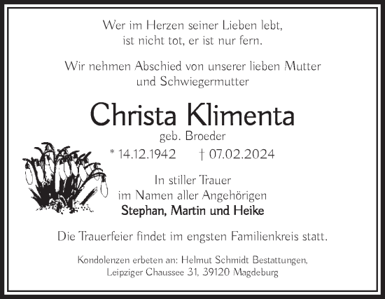 Traueranzeige von Christa Klimenta von Volksstimme Magdeburg