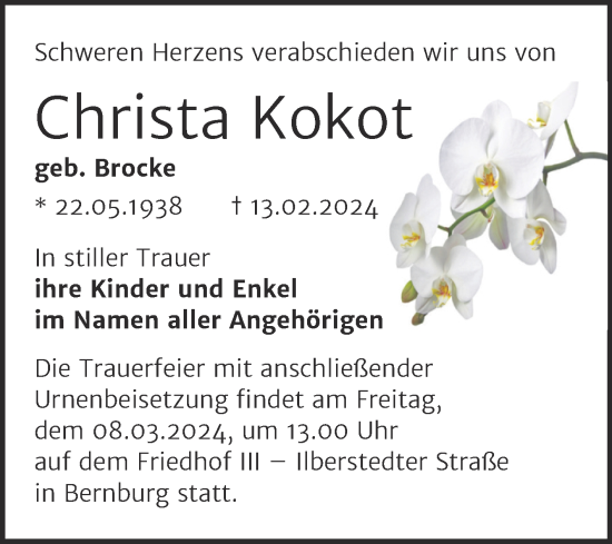 Traueranzeige von Christa Kokot von Trauerkombi Bernburg