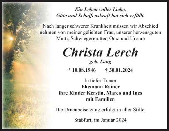Traueranzeige von Christa Lerch von Volksstimme Staßfurt