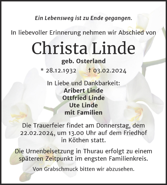 Traueranzeige von Christa Linde von Trauerkombi Köthen