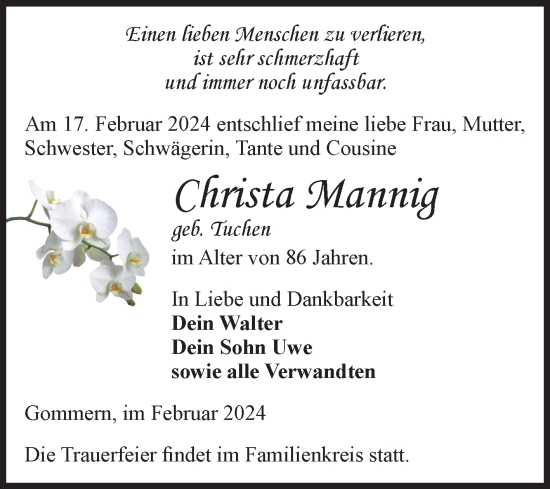 Traueranzeige von Christa Mannig von Volksstimme Burg/Genthin