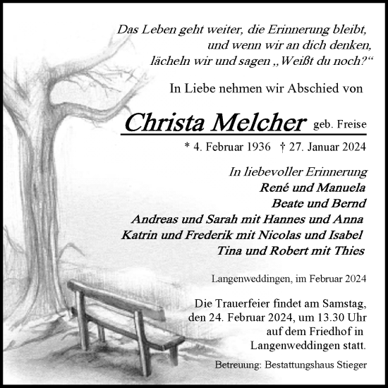 Traueranzeige von Christa Melcher von Volksstimme Oschersleben/Wanzleben