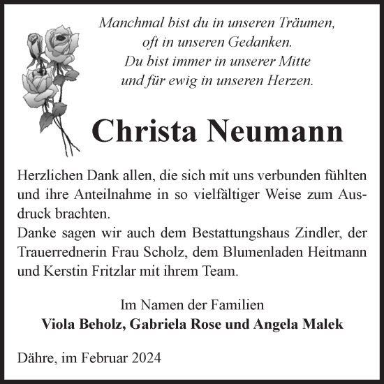 Traueranzeige von Christa Neumann von Volksstimme Altmark West