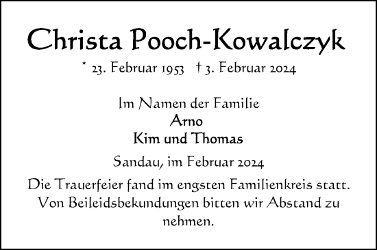 Traueranzeige von Christa Pooch-Kowatczyk von Volksstimme Altmark Ost
