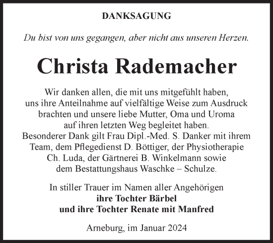 Traueranzeige von Christa Rademacher von Volksstimme Altmark Ost
