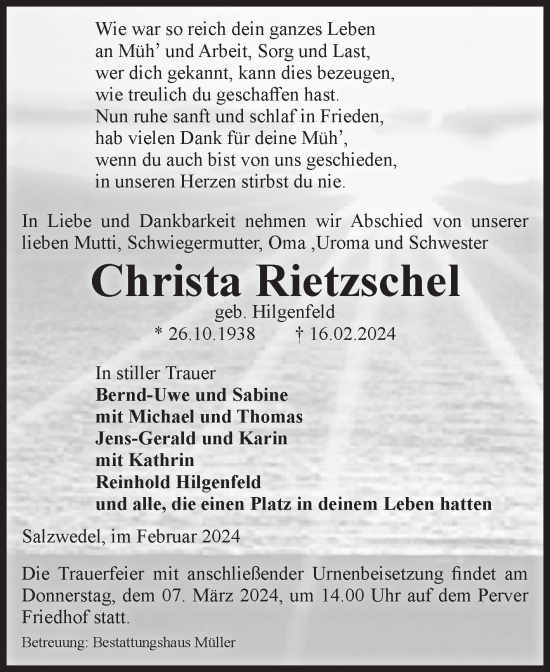 Traueranzeige von Christa Rietzschel von Volksstimme Altmark West