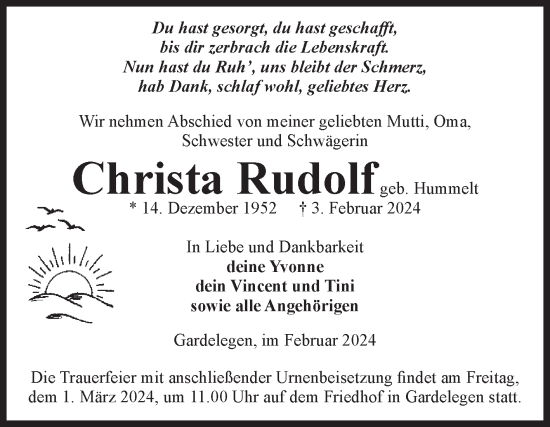Traueranzeige von Christa Rudolf von Volksstimme Altmark West