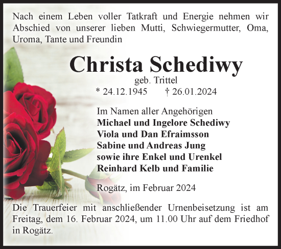 Traueranzeige von Christa Schediwy von Volksstimme Haldensleben/Wolmirstedt