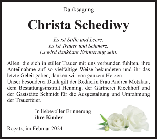 Traueranzeige von Christa Schediwy von Volksstimme Haldensleben/Wolmirstedt