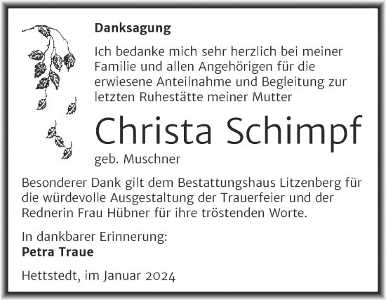 Traueranzeige von Christa Schimpf von Mitteldeutsche Zeitung Mansfelder Land