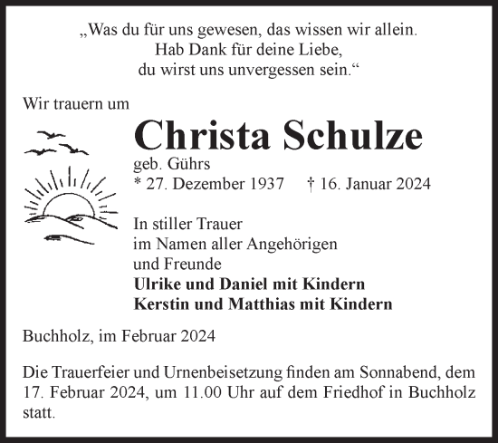 Traueranzeige von Christa Schulze von Volksstimme Altmark Ost