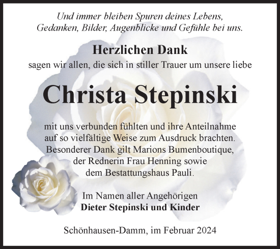 Traueranzeige von Christa Stepinski von Volksstimme Altmark Ost