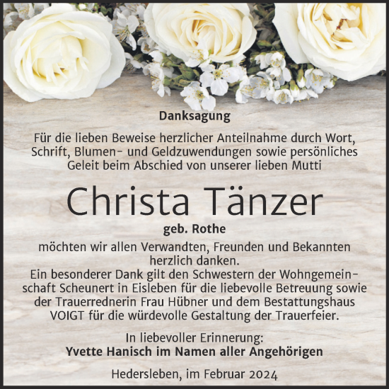 Traueranzeige von Christa Tänzer von Trauerkombi Mansfelder Land