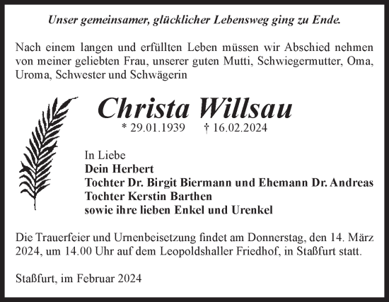 Traueranzeige von Christa Willsau von Volksstimme Staßfurt