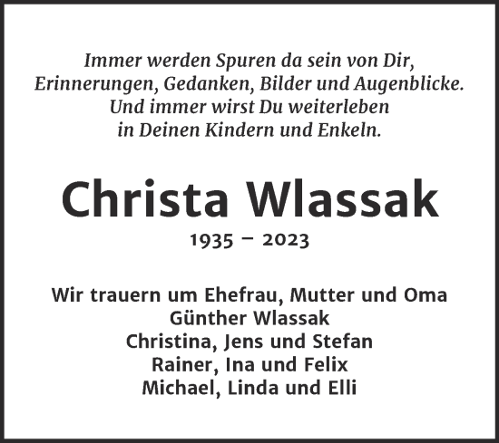 Traueranzeige von Christa Wlassak von Trauerkombi Weißenfels