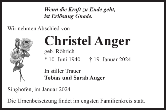 Traueranzeige von Christel Anger von Volksstimme Zerbst