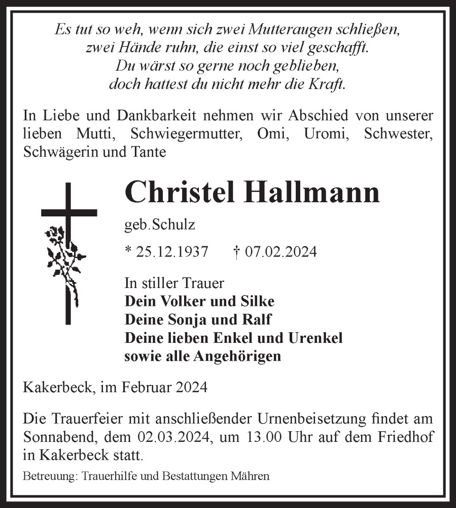  Traueranzeige für Christel Hallmann vom 10.02.2024 aus Volksstimme Altmark West