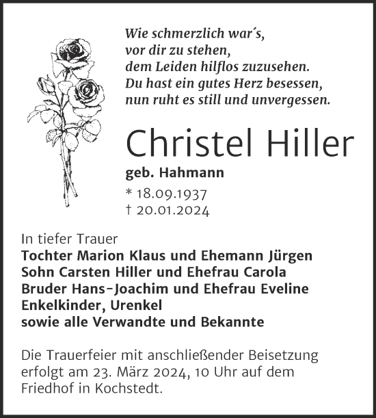 Traueranzeige von Christel Hiller von Trauerkombi Dessau