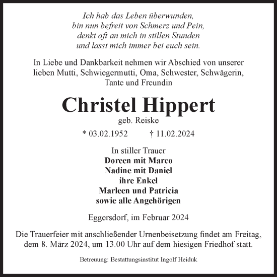Traueranzeige von Christel Hippert von Volksstimme Schönebeck
