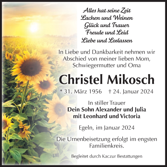 Traueranzeige von Christel Mikosch von Volksstimme Staßfurt