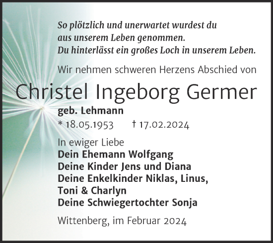 Traueranzeige von Christel Ingeborg Germer von Trauerkombi Wittenberg