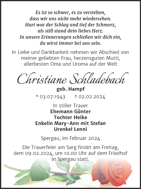 Traueranzeige von Christiane Schladebach von Mitteldeutsche Zeitung Merseburg/Querfurt