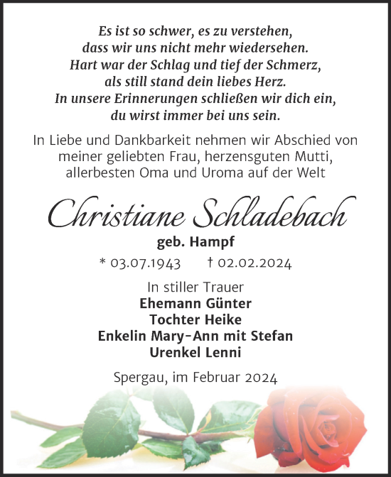 Traueranzeige von Christiane Schladebach von Trauerkombi Mansfelder Land