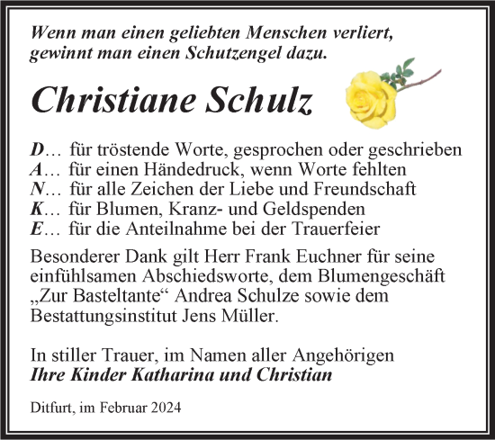 Traueranzeige von Christiane Schulz von Trauerkombi Quedlinburg
