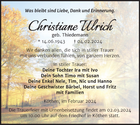 Traueranzeige von Christiane Ulrich von Trauerkombi Köthen