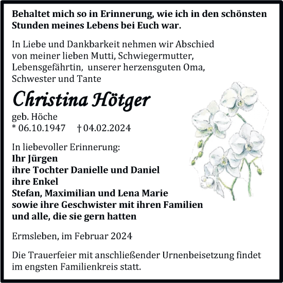 Traueranzeige von Christina Hötger von Trauerkombi Quedlinburg