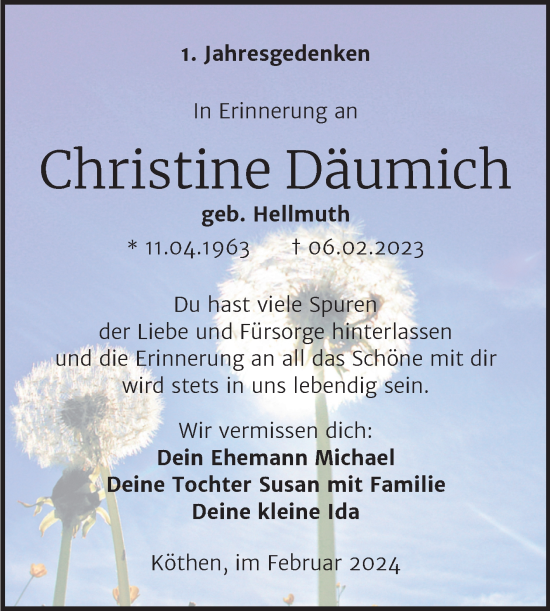 Traueranzeige von Christine Däumich von Trauerkombi Köthen