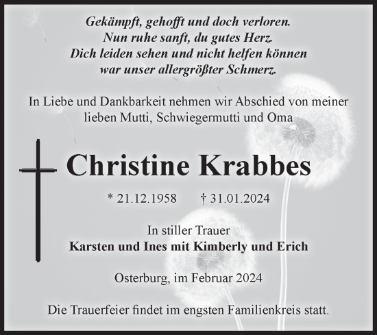 Traueranzeige von Christine Krabbes von Volksstimme Altmark Ost
