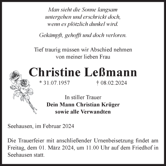 Traueranzeige von Christine Leßmann von Volksstimme Altmark Ost
