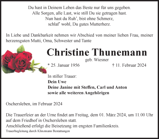 Traueranzeige von Christine Thunemann von Volksstimme Oschersleben/Wanzleben